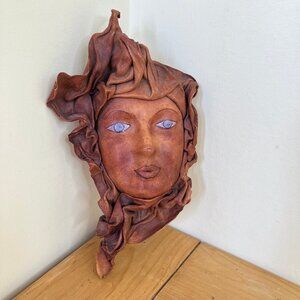 Sculpted Leather Wall Hanging Face with Hand Painted Features Vintage Artwork